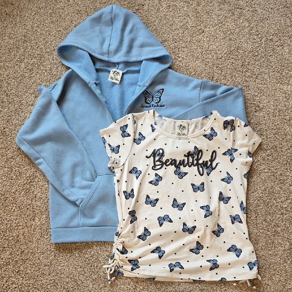 Girls Butterfly Hoodie And Shirt Set Size XL 16 - Blue